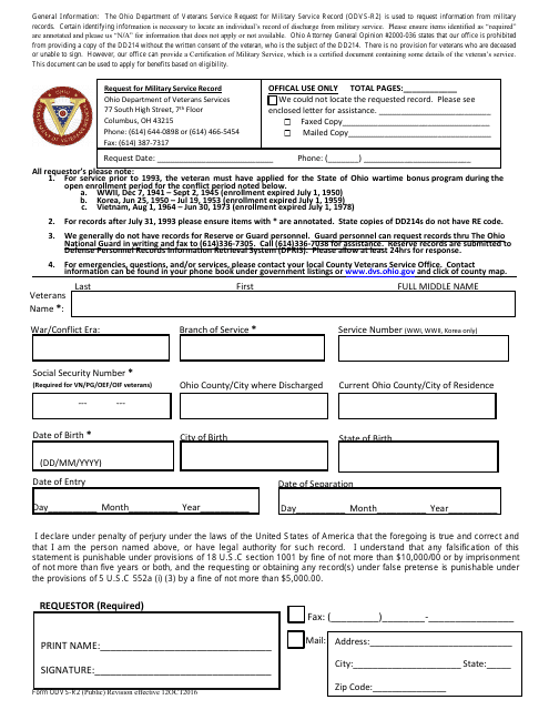 Form ODVS-R2 Request for Military Service Record - Ohio