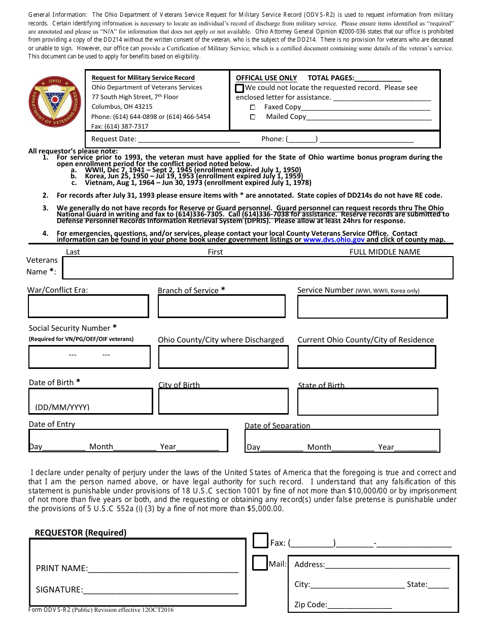 Form ODVS-R2 Request for Military Service Record - Ohio, Page 1
