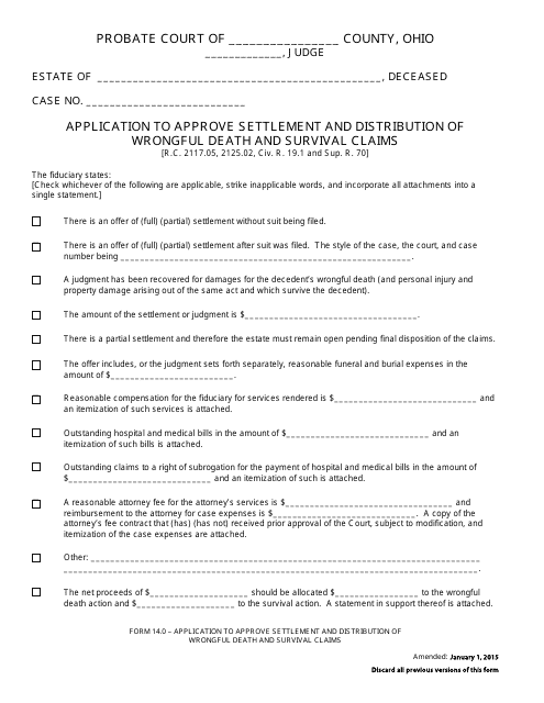 Form 14.0 Application to Approve Settlement and Distribution of Wrongful Death and Survival Claims - Ohio