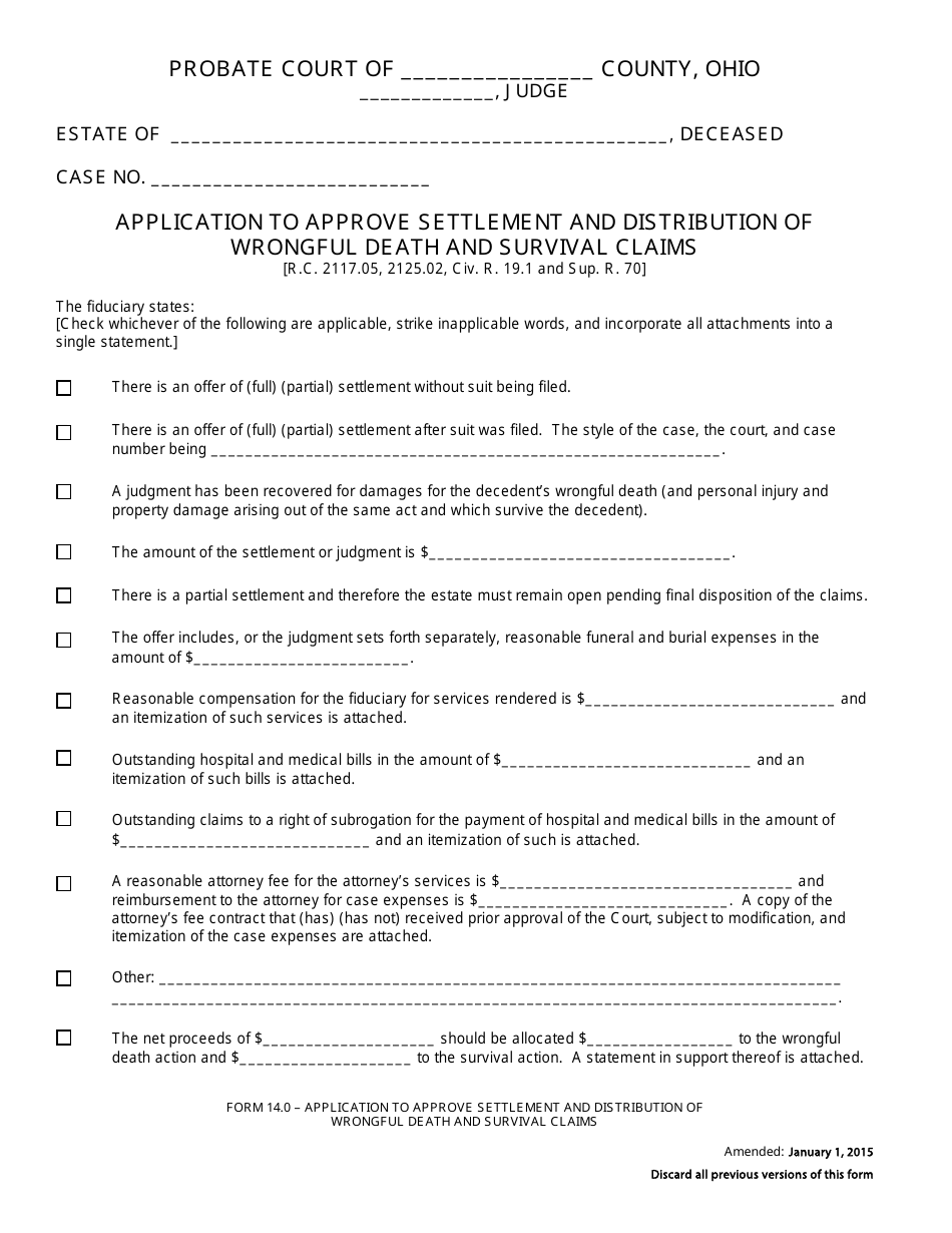 Form 14.0 Application to Approve Settlement and Distribution of Wrongful Death and Survival Claims - Ohio, Page 1