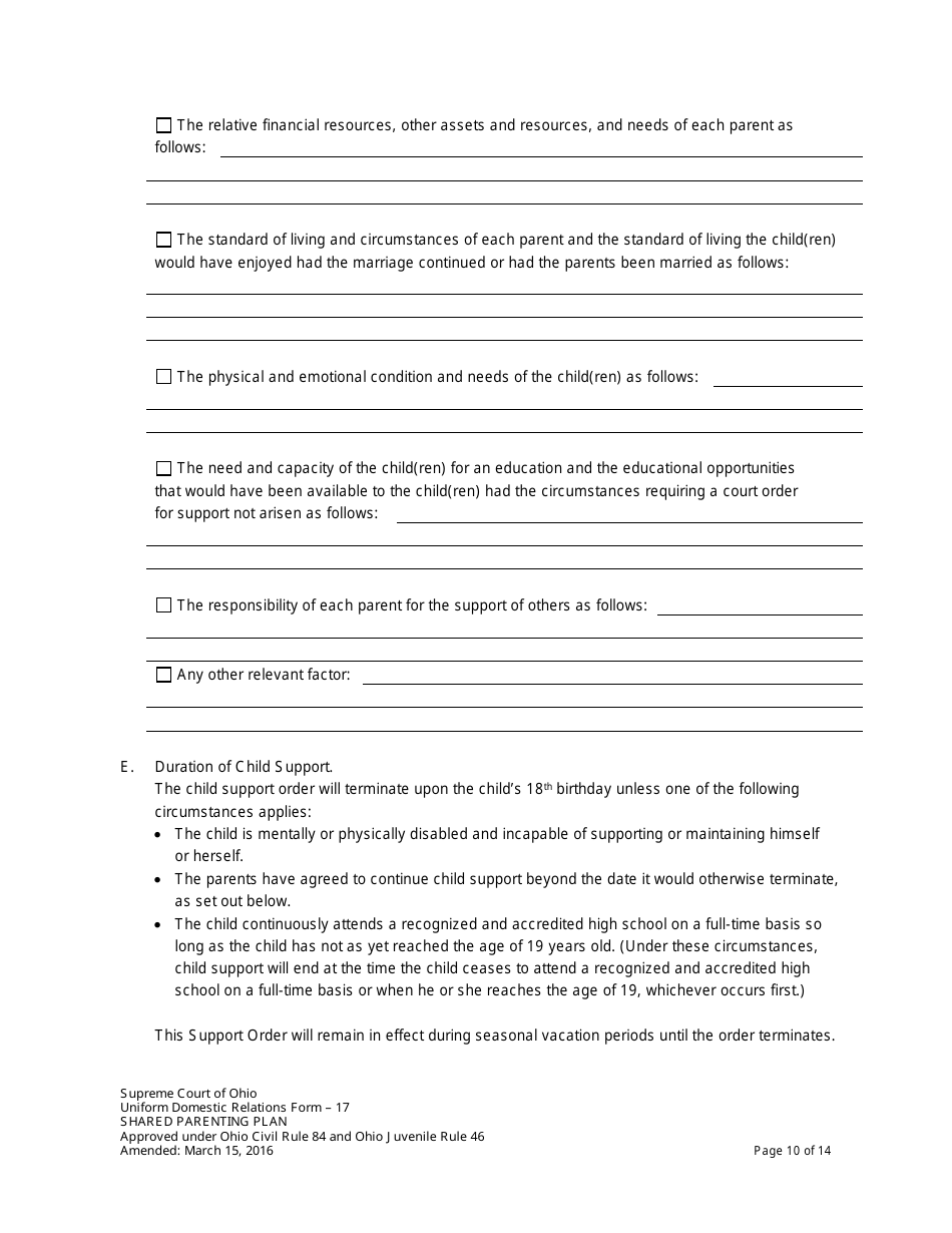 Uniform Domestic Relations Form 17 Shared Parenting Plan - Ohio, Page 10