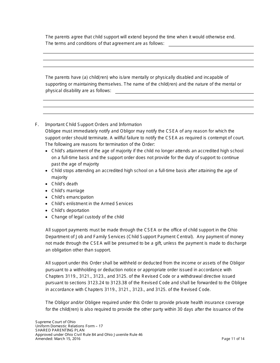 Uniform Domestic Relations Form 17 Shared Parenting Plan - Ohio, Page 11