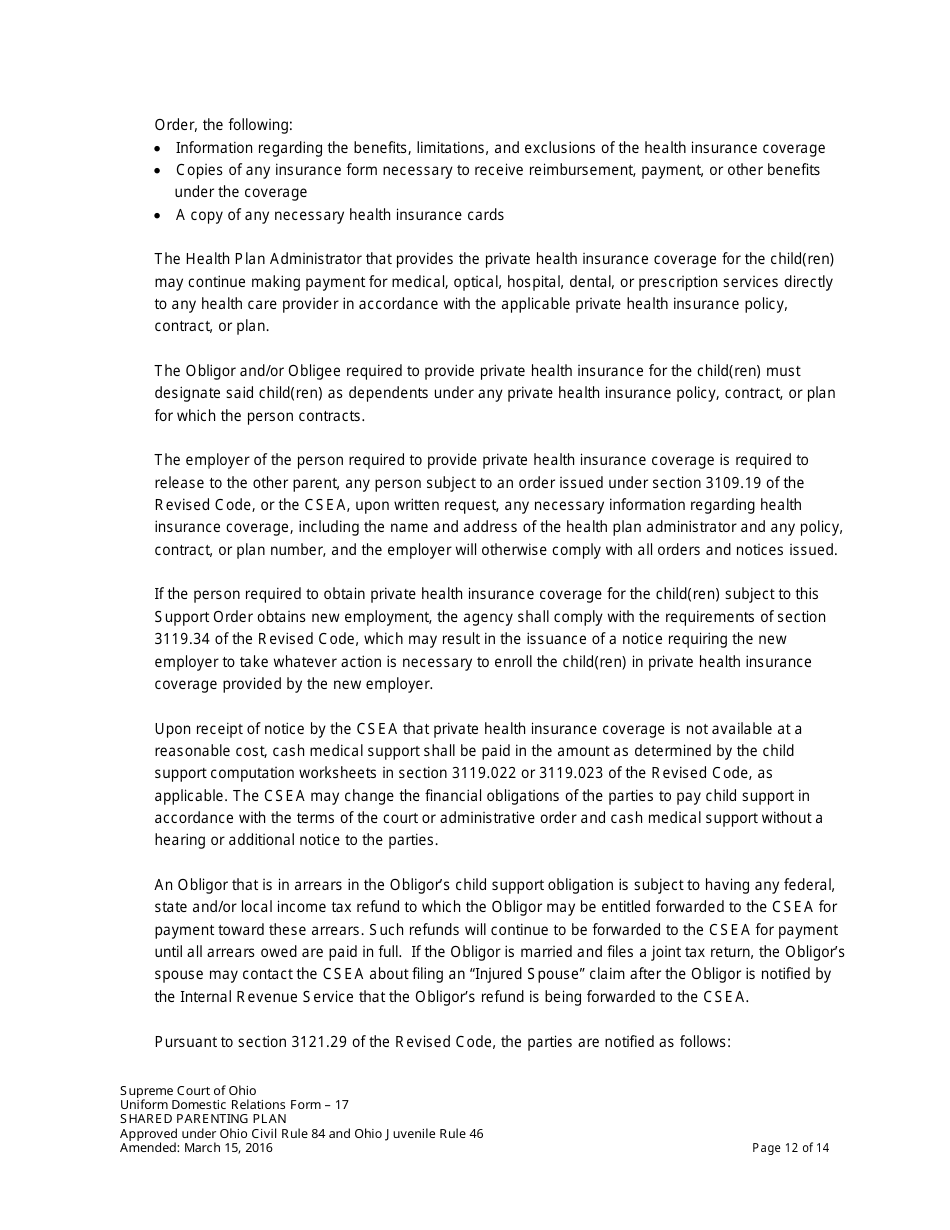 Uniform Domestic Relations Form 17 Shared Parenting Plan - Ohio, Page 12