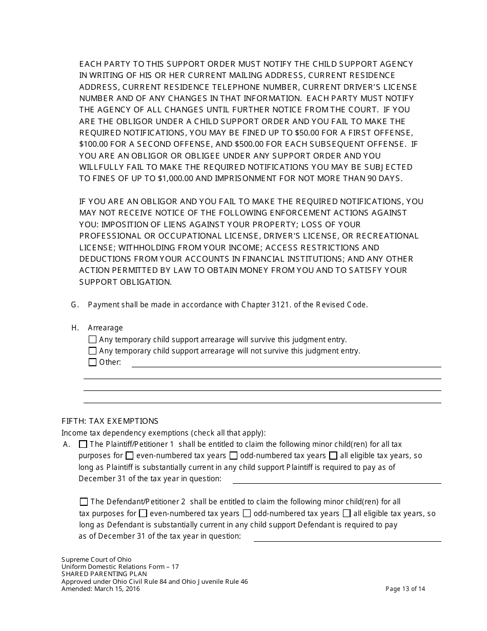 Uniform Domestic Relations Form 17 Shared Parenting Plan - Ohio, Page 13