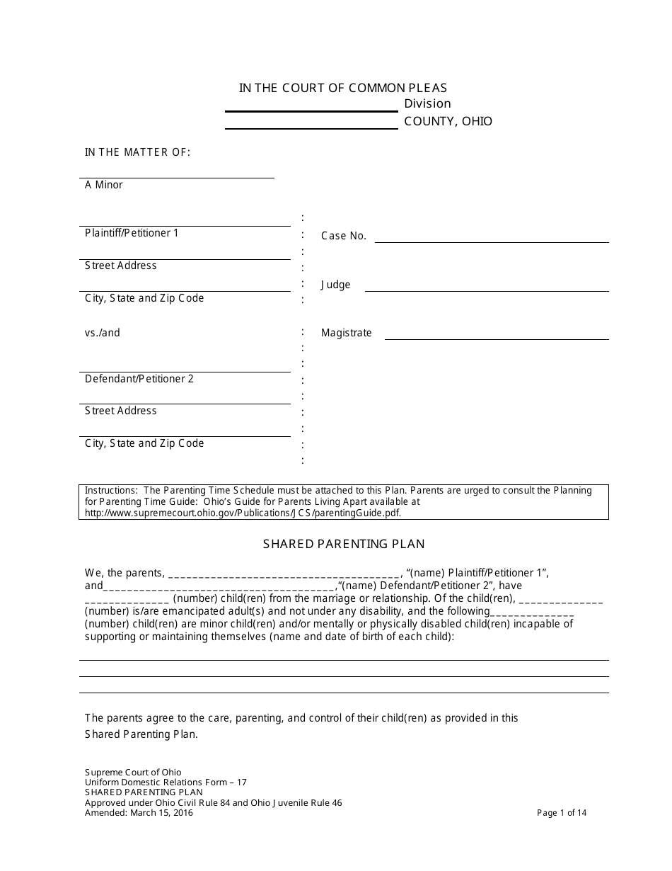 Uniform Domestic Relations Form 17 Shared Parenting Plan - Ohio, Page 1