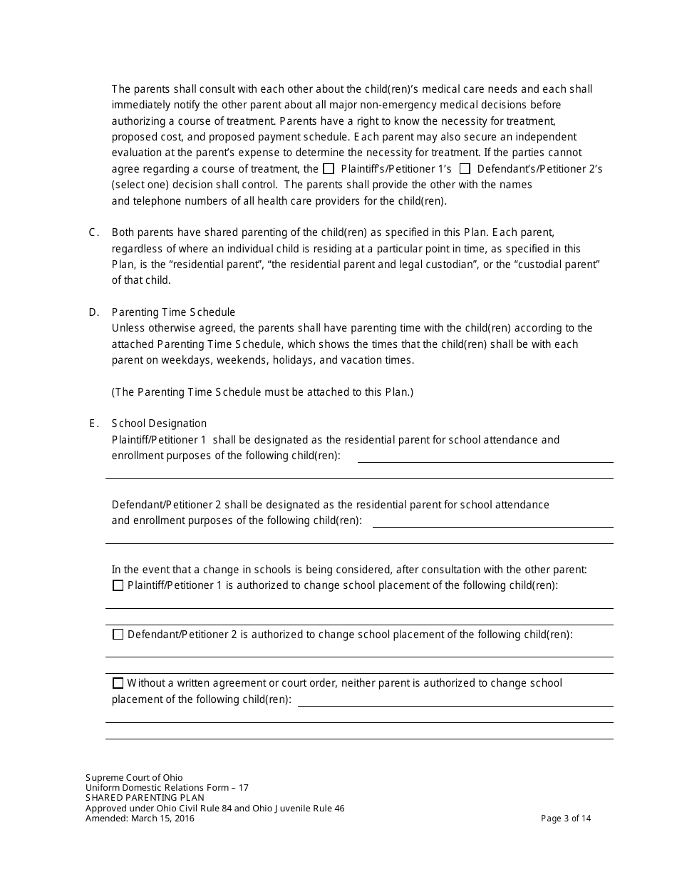 Uniform Domestic Relations Form 17 Shared Parenting Plan - Ohio, Page 3