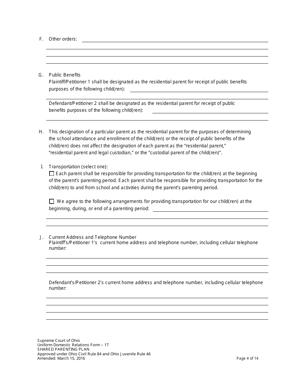 Uniform Domestic Relations Form 17 Shared Parenting Plan - Ohio, Page 4