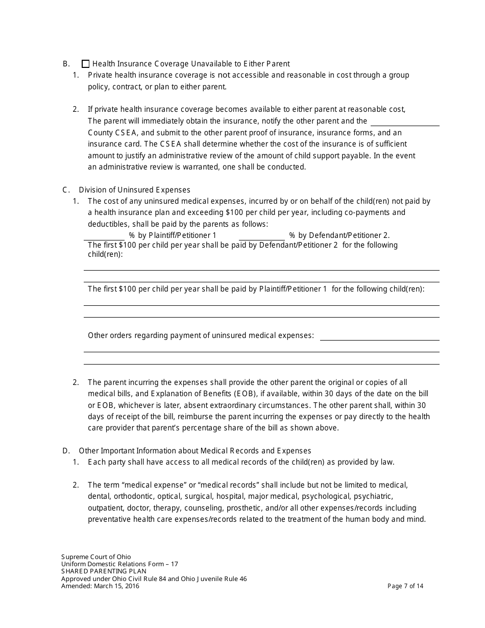 Uniform Domestic Relations Form 17 Shared Parenting Plan - Ohio, Page 7