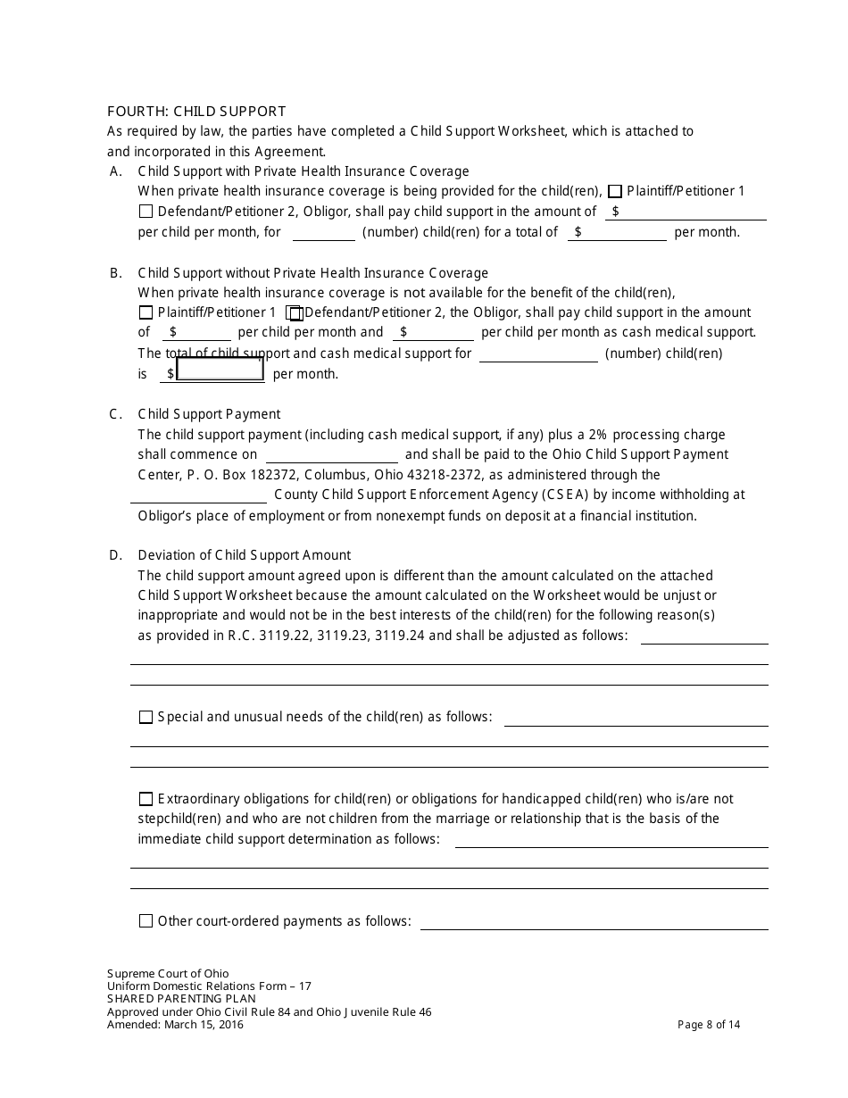 Uniform Domestic Relations Form 17 Shared Parenting Plan - Ohio, Page 8