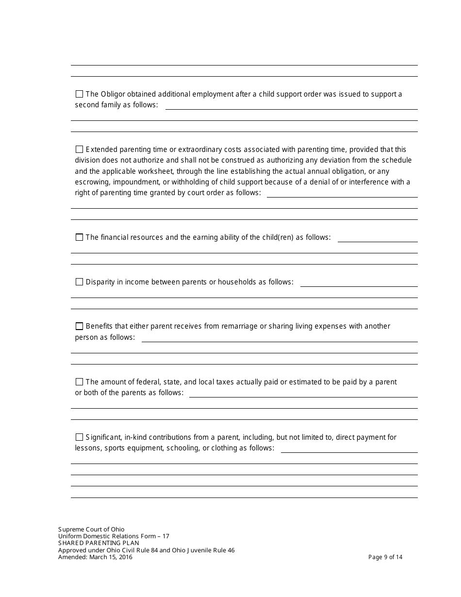 Uniform Domestic Relations Form 17 Shared Parenting Plan - Ohio, Page 9