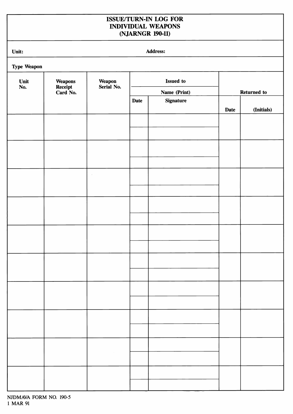 NJDMAVA Form 190-5 Issue / Turn-In Log for Individual Weapons (Njarngr 190-11) - New Jersey, Page 1