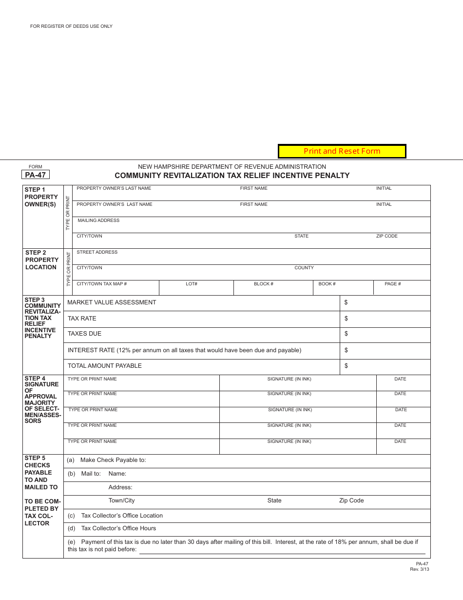 Form PA-47 Community Revitalization Tax Relief Incentive Penalty - New Hampshire, Page 1