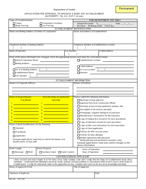 Form EHS-34  Printable Pdf