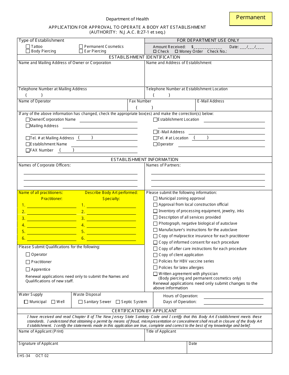 Form EHS-34 Application for Approval to Operate a Body Art Establishment (Permanent) - New Jersey, Page 1