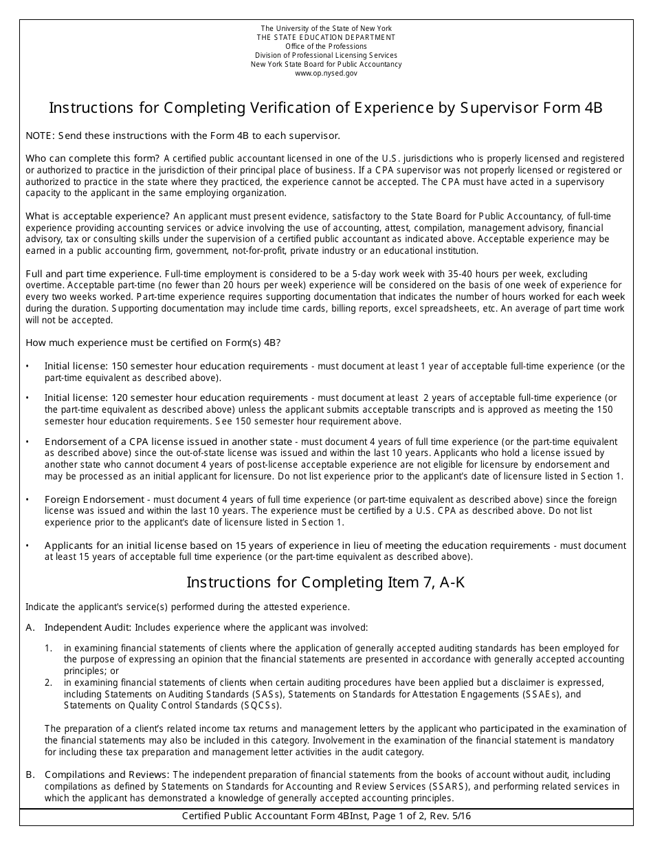Certified Public Accountant Form 4B Verification of Experience by Supervisor - New York, Page 1
