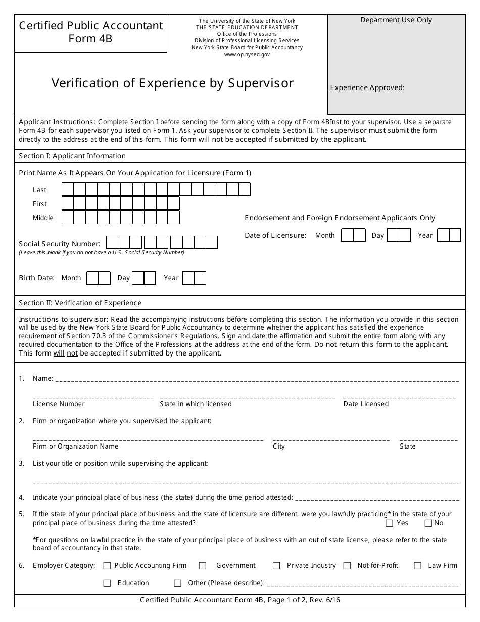 Certified Public Accountant Form 4B Verification of Experience by Supervisor - New York, Page 3