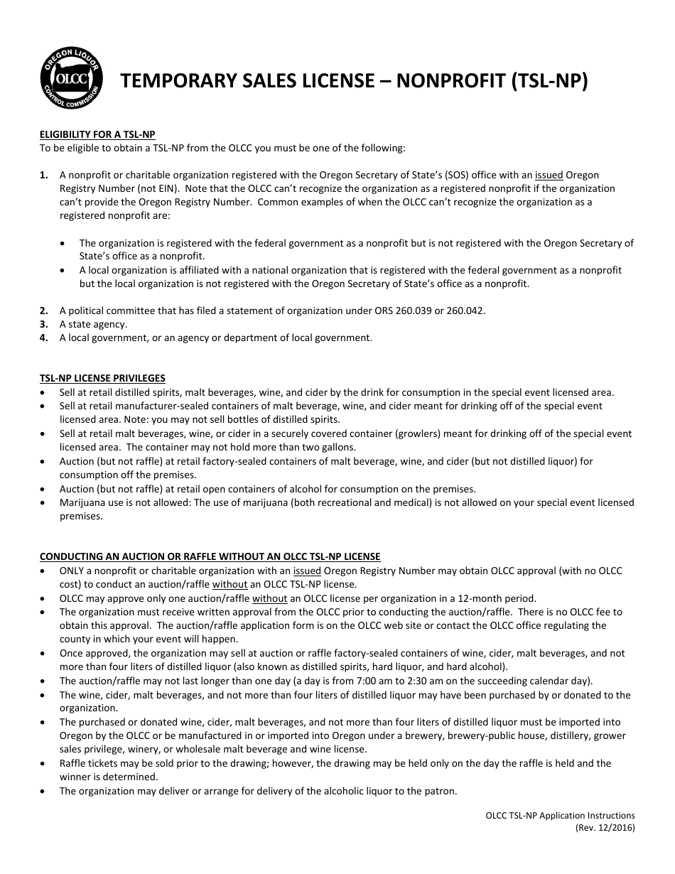 Oregon Temporary Sales License " Nonprofit (Tslnp) Application Fill