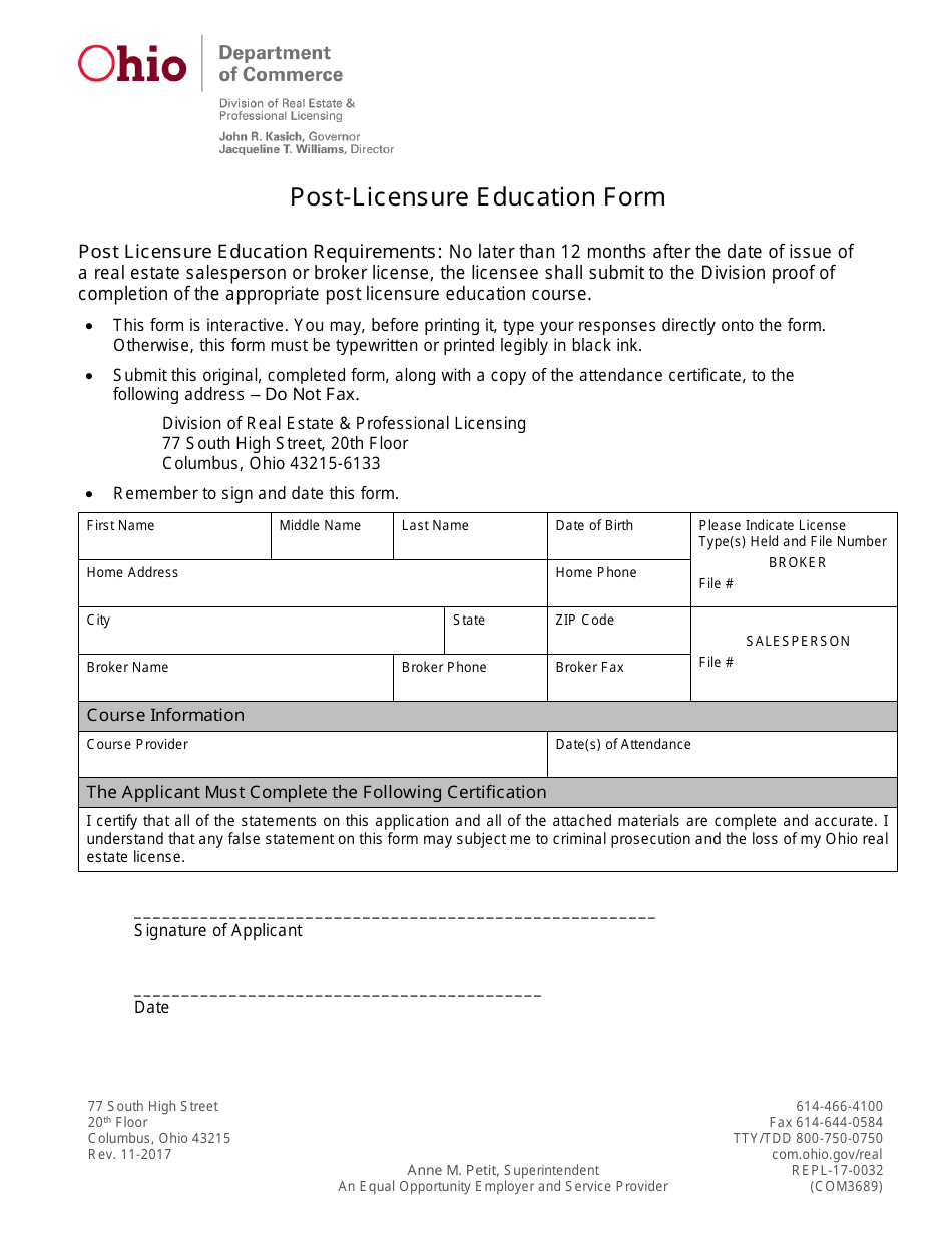 Form COM3689 Post-licensure Education Form - Ohio, Page 1