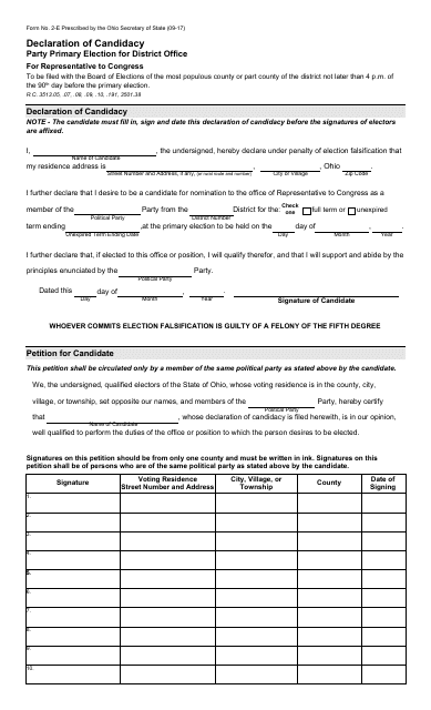 Form 2E Declaration of Candidacy - Party Primary District Office - Representative to Congress - Ohio