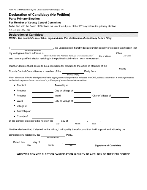 Form 2-M Declaration of Candidacy - No Petition - Party Primary - County Central Committee - Ohio
