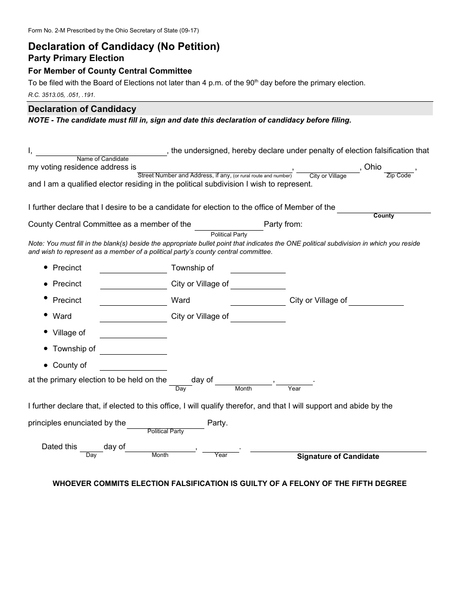 Form 2-M Declaration of Candidacy - No Petition - Party Primary - County Central Committee - Ohio, Page 1