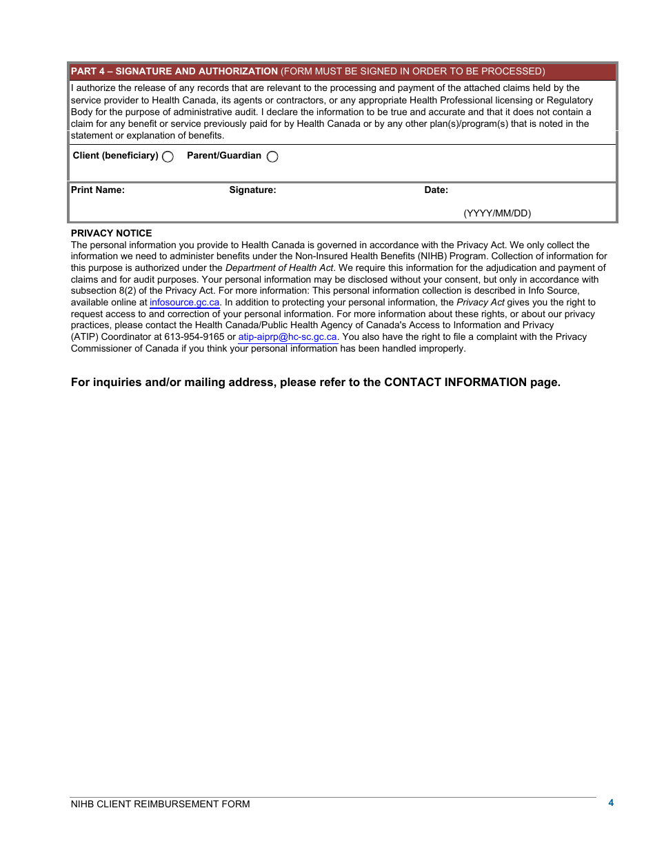 Nihb Client Reimbursement Form - Canada, Page 4