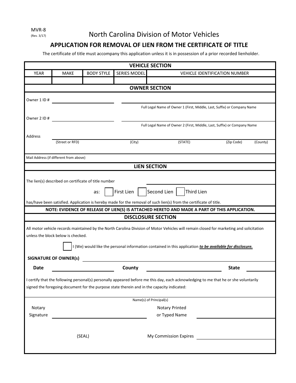 Form MVR-8 owner Application for Removal of Lien From the Certificate of Title - North Carolina, Page 1