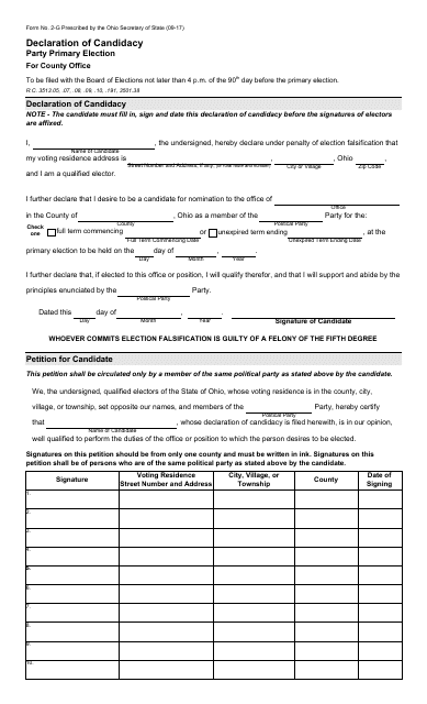 Form 2-G Declaration of Candidacy - Party Primary - County Office - Ohio