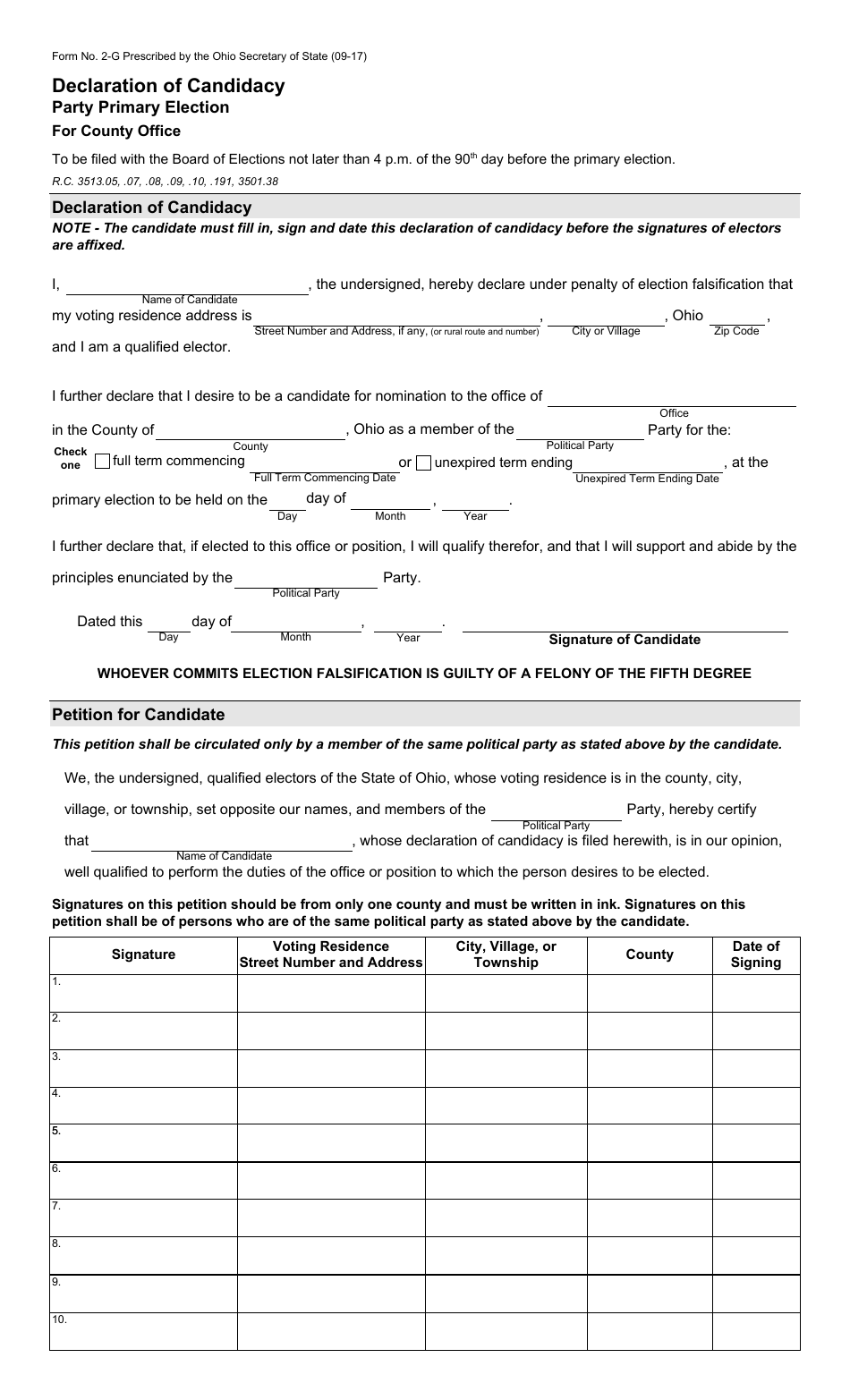 Form 2-G Declaration of Candidacy - Party Primary - County Office - Ohio, Page 1