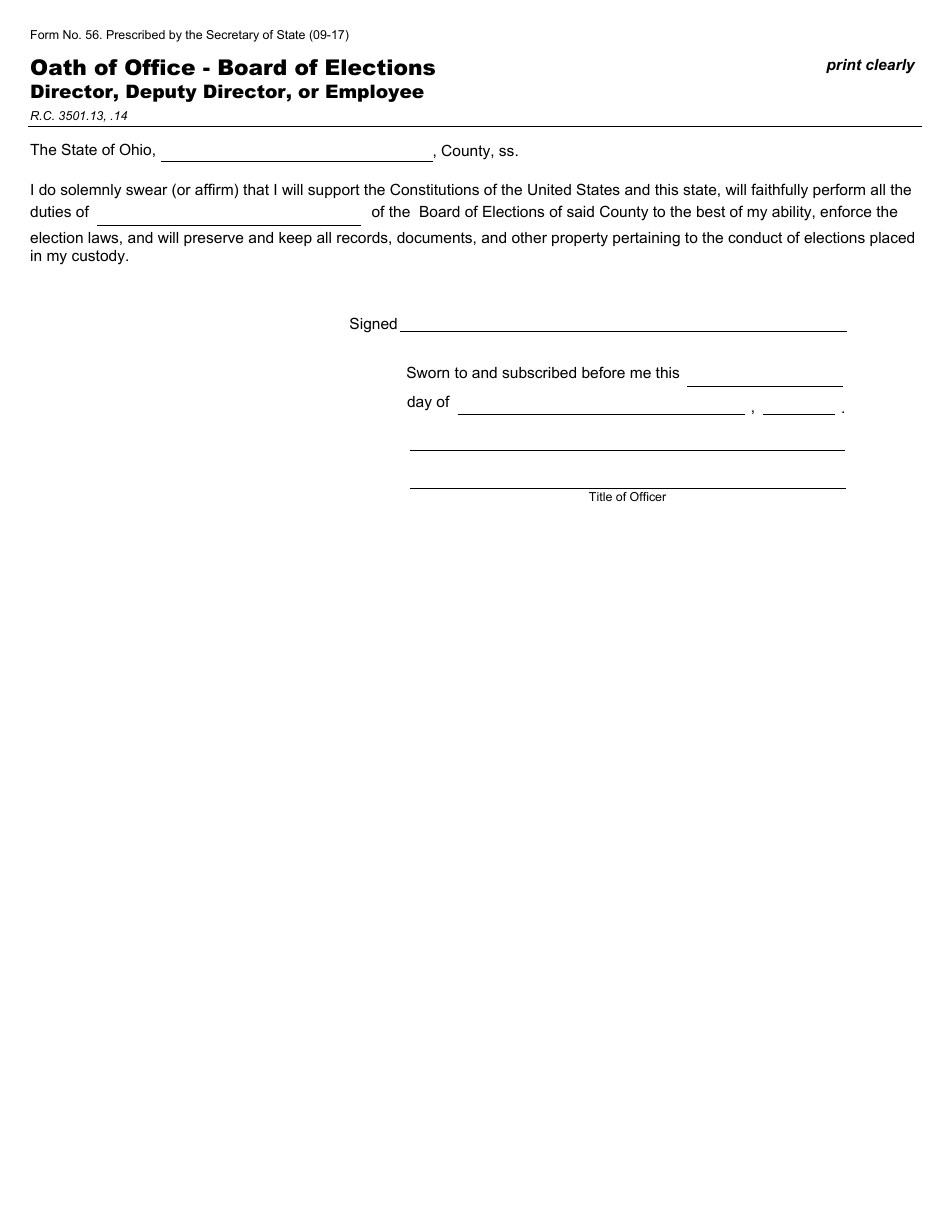 Form 56 Oath of Office - Board of Elections Director, Deputy Director, or Employee - Ohio, Page 1