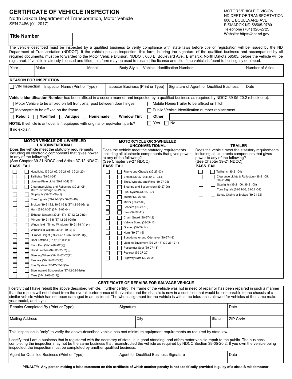 Form SFN2486 Certificate of Vehicle Inspection - North Dakota, Page 1