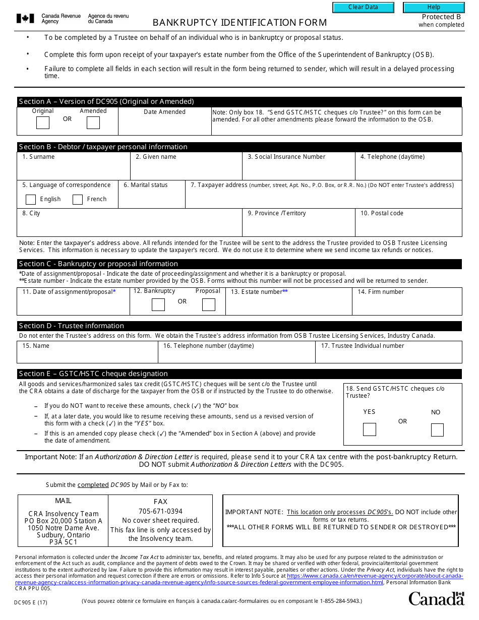 Form DC905 Bankruptcy Identification Form - Canada, Page 1