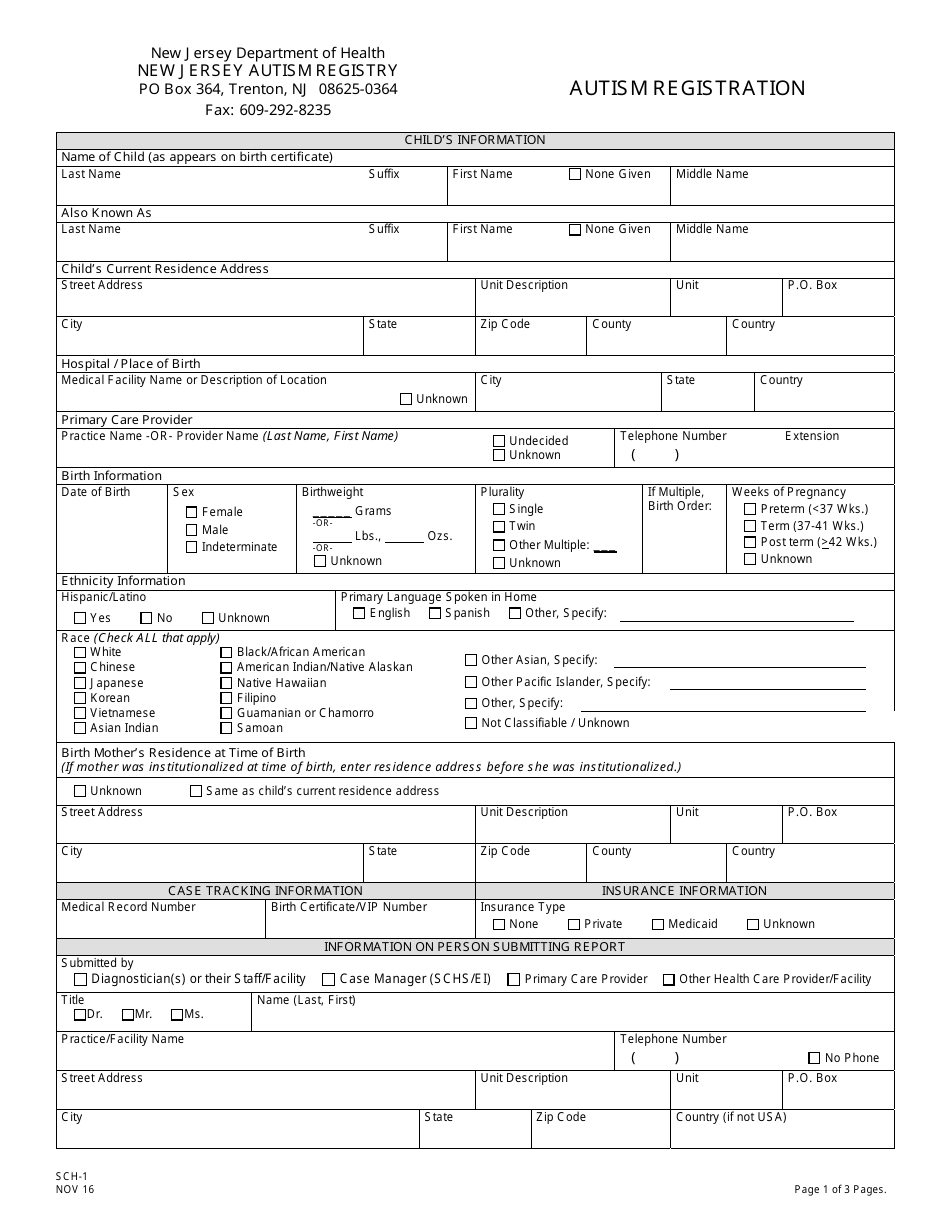 Form SCH-1 Autism Registration - New Jersey, Page 1