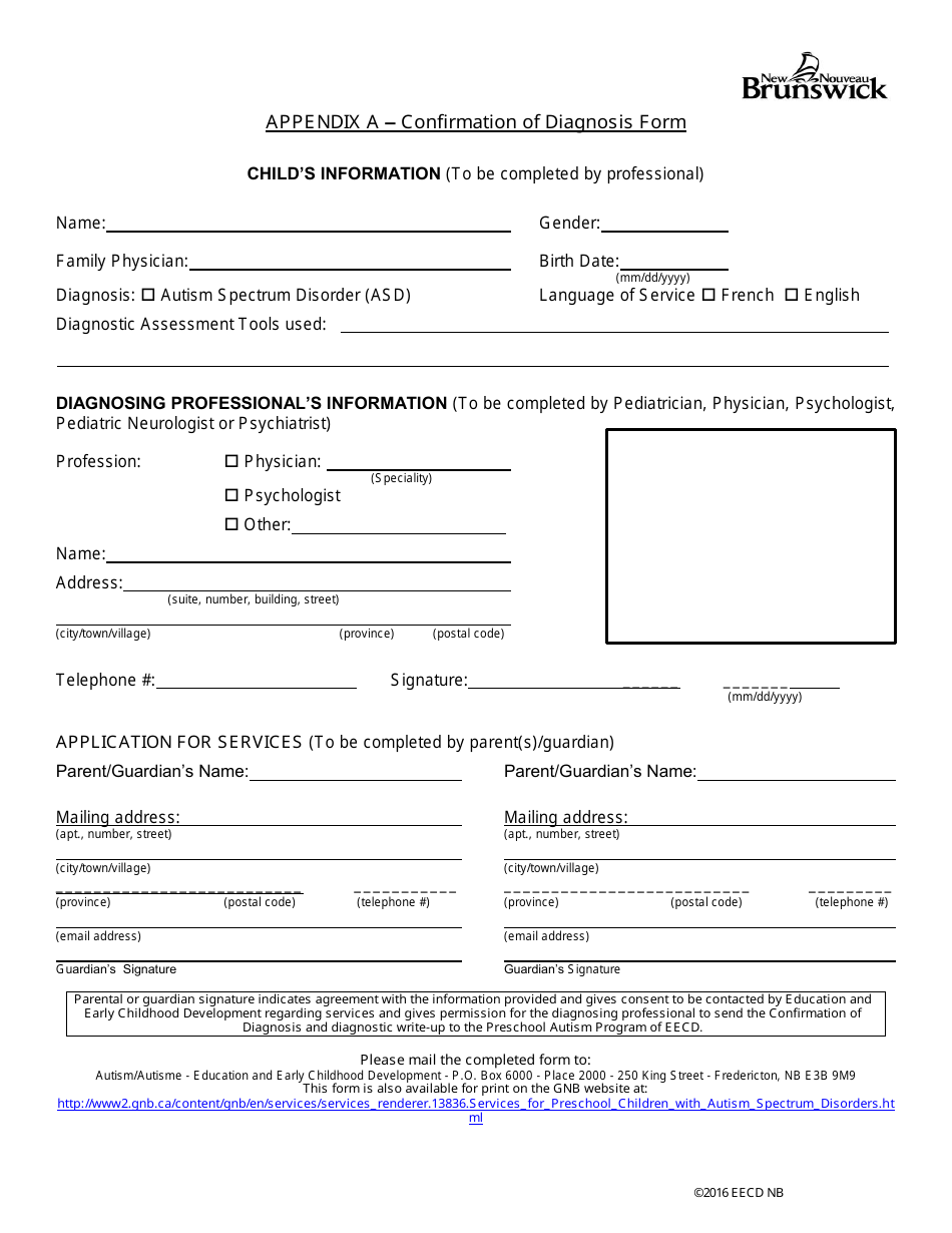 Appendix A Confirmation of Diagnosis Form - New Brunswick, Canada, Page 1
