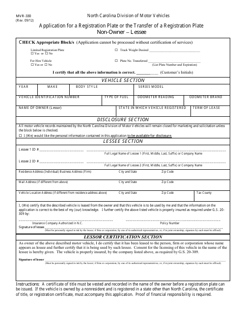 Form MVR-330 application for a Registration Plate or Plate Transfer - North Carolina
