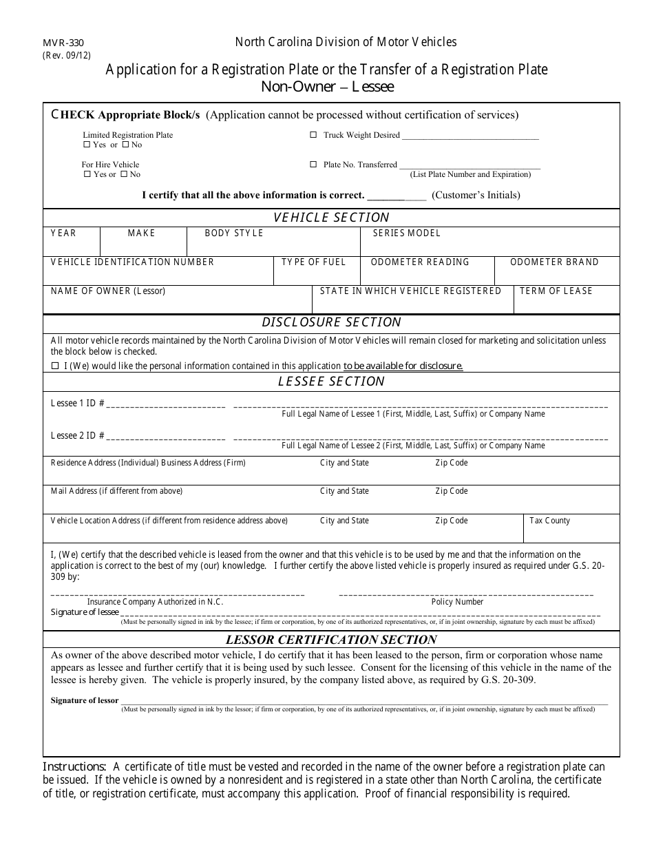 Form MVR-330 application for a Registration Plate or Plate Transfer - North Carolina, Page 1