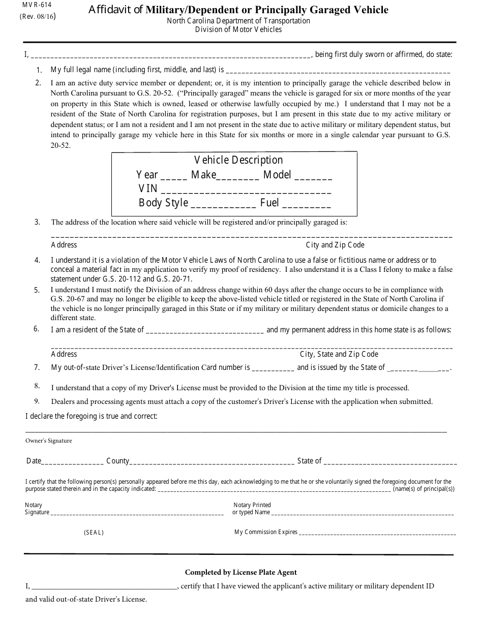 Form MVR-614 Proof of Military / Dependent or Principally Garaged Vehicle - North Carolina, Page 1