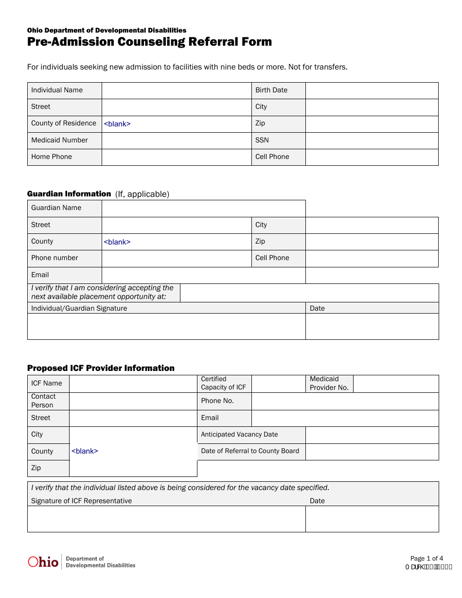 Pre-admission Counseling Referral Form - Ohio, Page 1