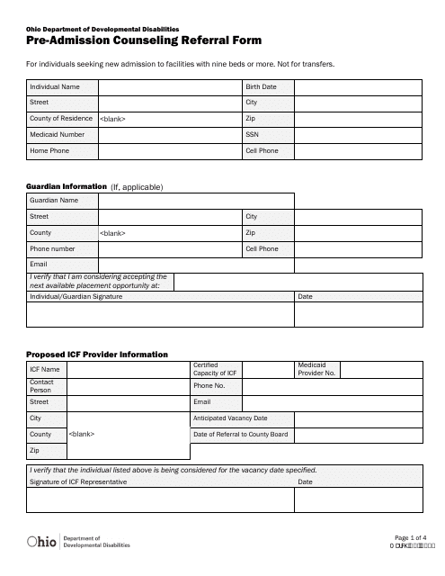Pre-admission Counseling Referral Form - Ohio Download Pdf