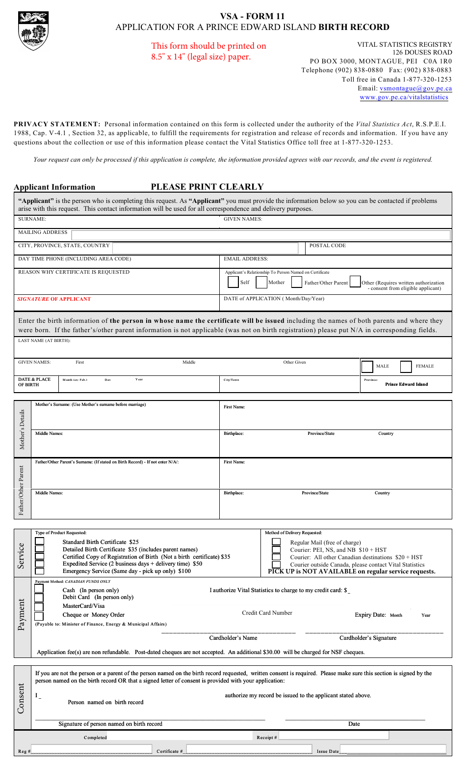 VSA Form 11 Application for a Prince Edward Island Birth Record - Prince Edward Island, Canada, Page 1