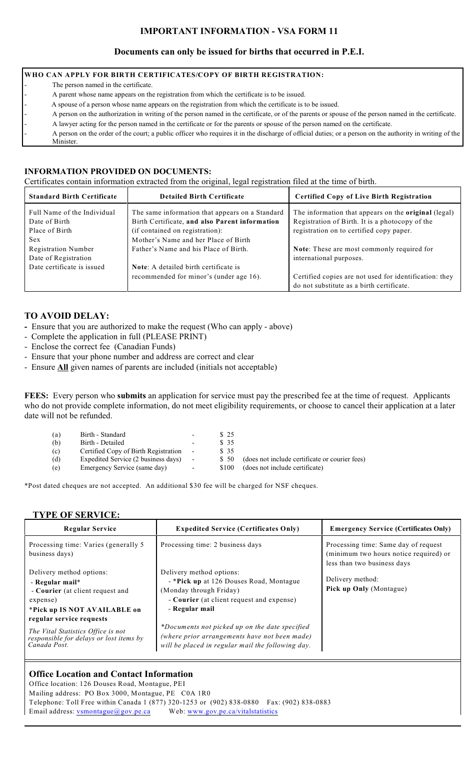 VSA Form 11 Application for a Prince Edward Island Birth Record - Prince Edward Island, Canada, Page 2
