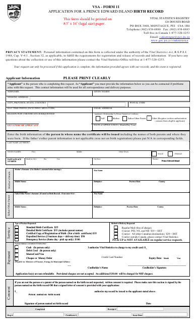 VSA Form 11 Application for a Prince Edward Island Birth Record - Prince Edward Island, Canada