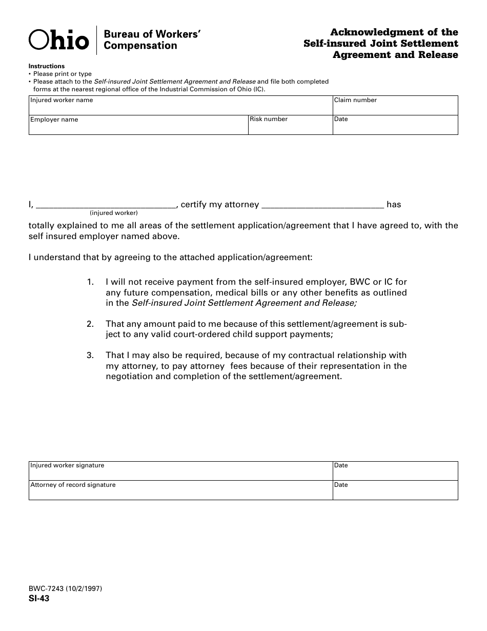 Form SI-43 (BWC-7243) Acknowledgement of the Self-insured Joint Settlement Agreement and Release - Ohio, Page 1