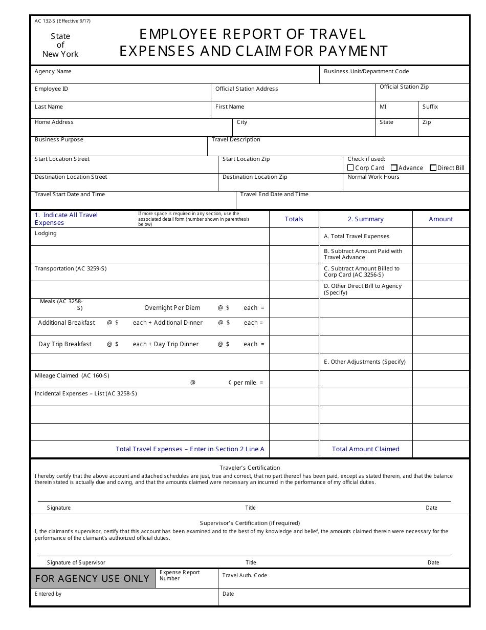 Form AC132-S Employee Report of Travel Expenses and Claim for Payment - New York, Page 1