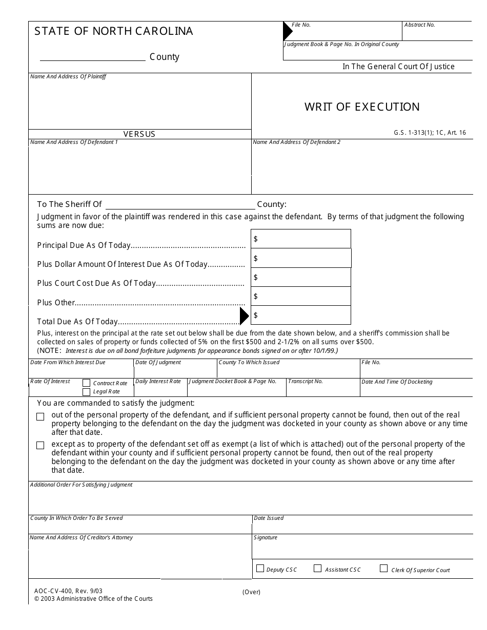 Form AOC-CV-400 Writ of Execution - North Carolina, Page 1