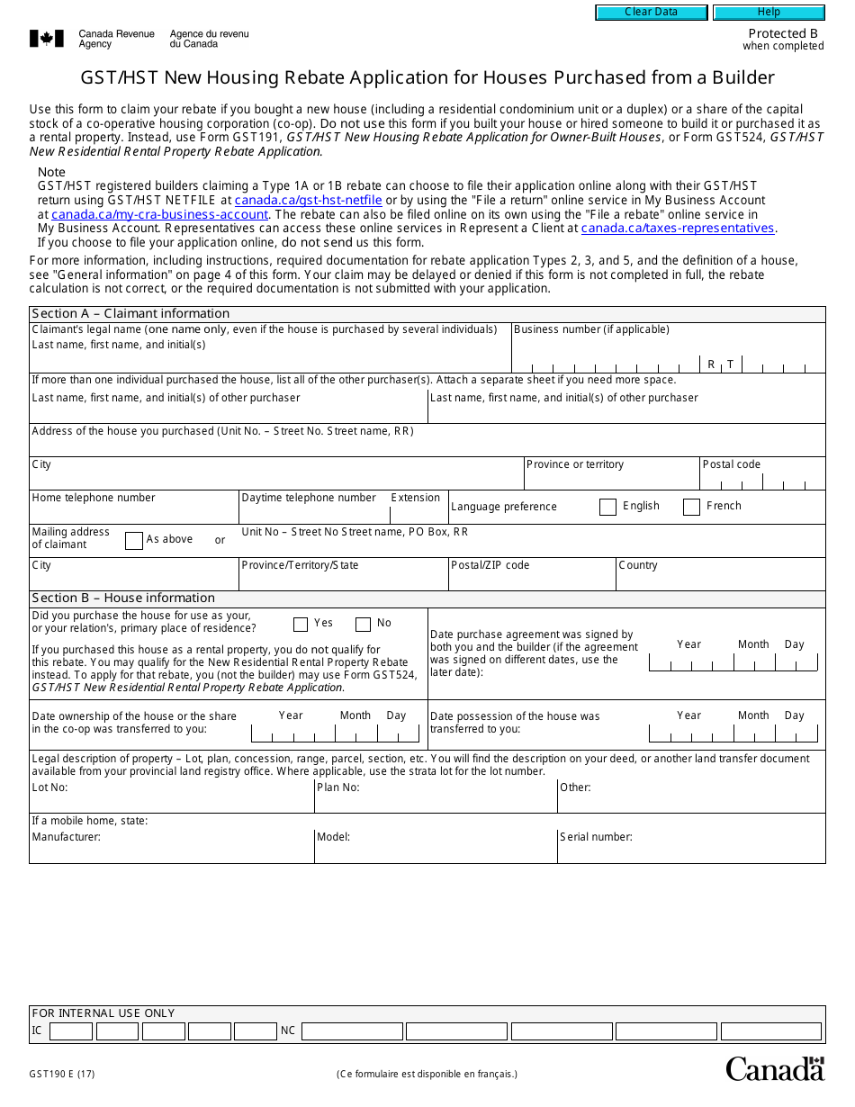 Form GST190 Gst / Hst New Housing Rebate Application for Houses Purchased From a Builder - Canada, Page 1