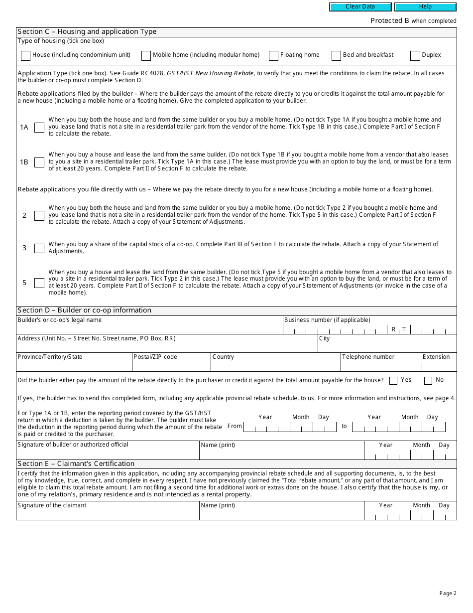 Form GST190 Gst / Hst New Housing Rebate Application for Houses Purchased From a Builder - Canada, Page 2