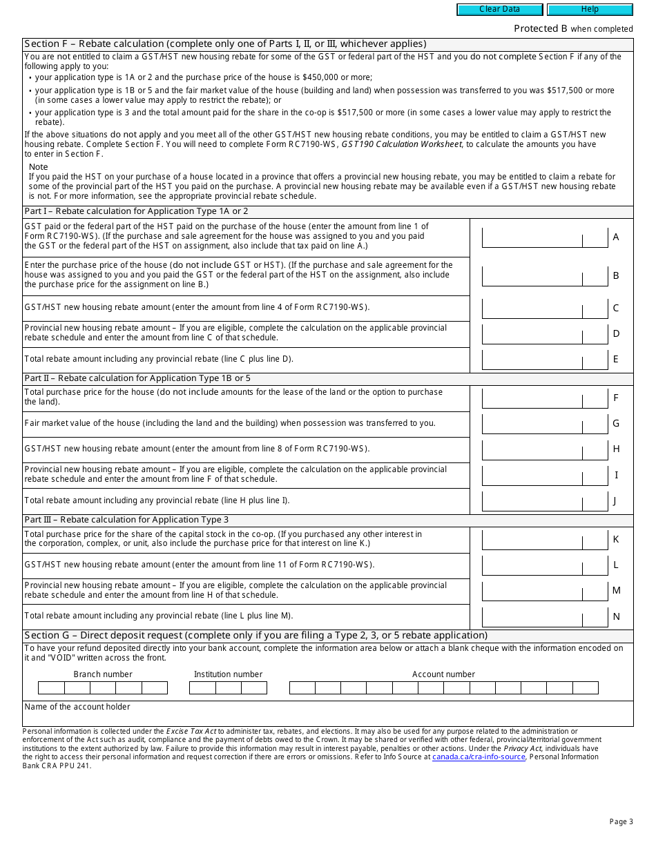 Form GST190 Gst / Hst New Housing Rebate Application for Houses Purchased From a Builder - Canada, Page 3