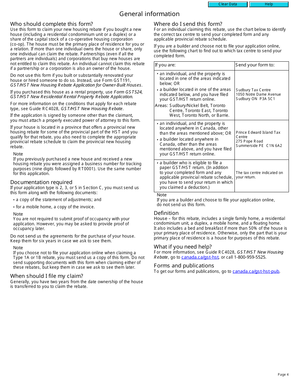 Form GST190 Gst / Hst New Housing Rebate Application for Houses Purchased From a Builder - Canada, Page 4