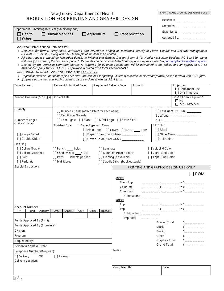 Form PG-1 Requisition for Printing and Graphic Design - New Jersey, Page 1